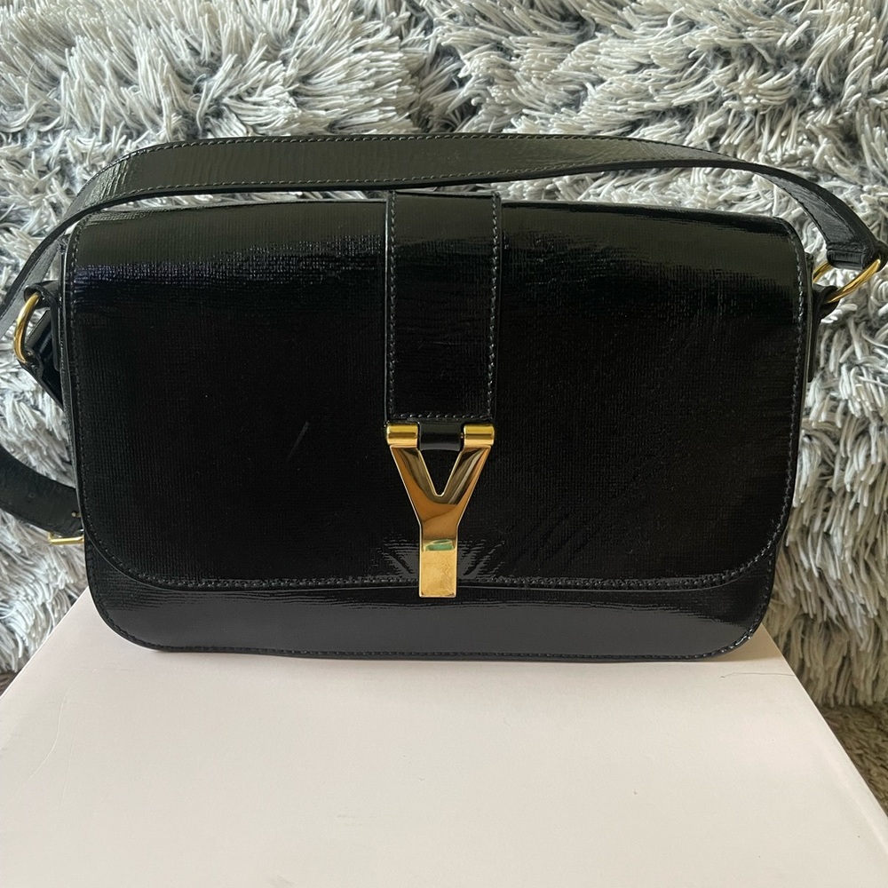 Black Yves Saint Laurent Chyc Patent Leather Large Flap Shoulder Bag